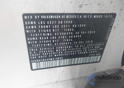 2023 Volkswagen Taos 1.5T S z USA, uszkodzony, nr VIN 3VVDX7B24PM319835